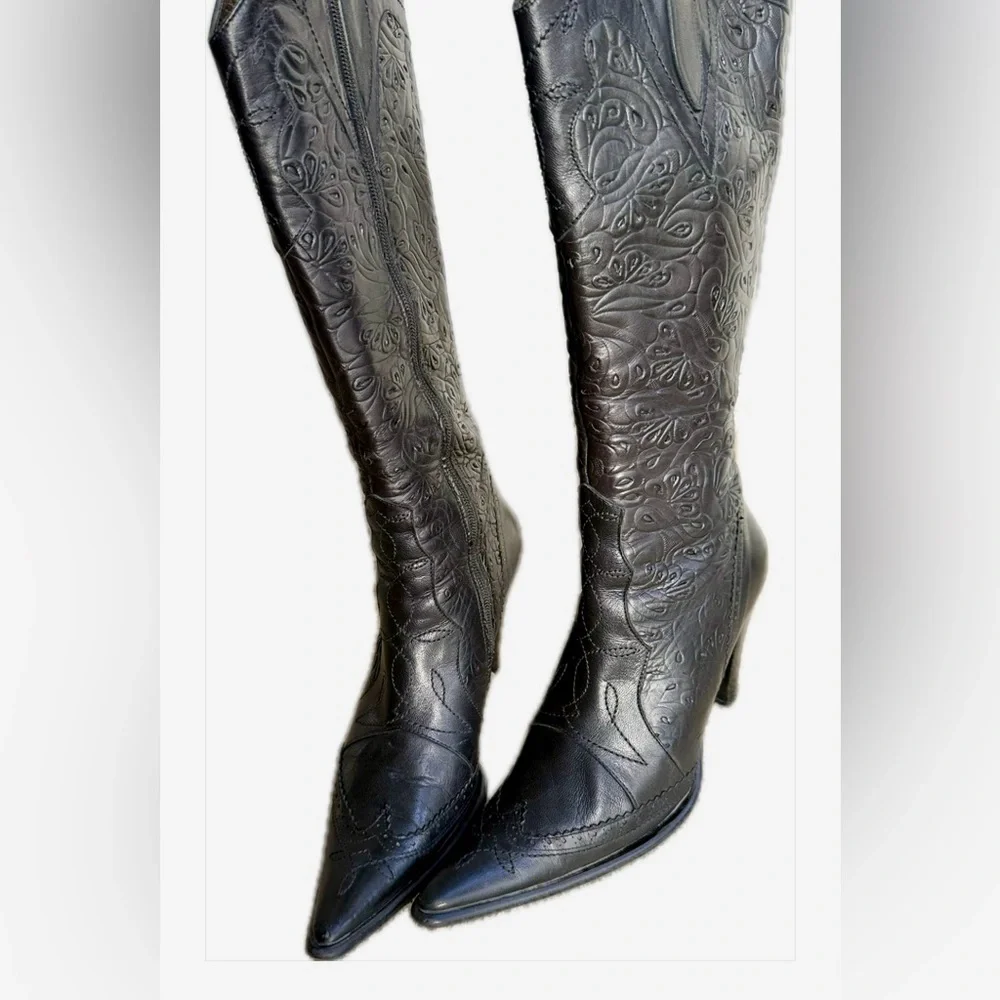 Genuine Leather Embroidered Black Tall Boots – Statement Heels - Picture 5 of 17